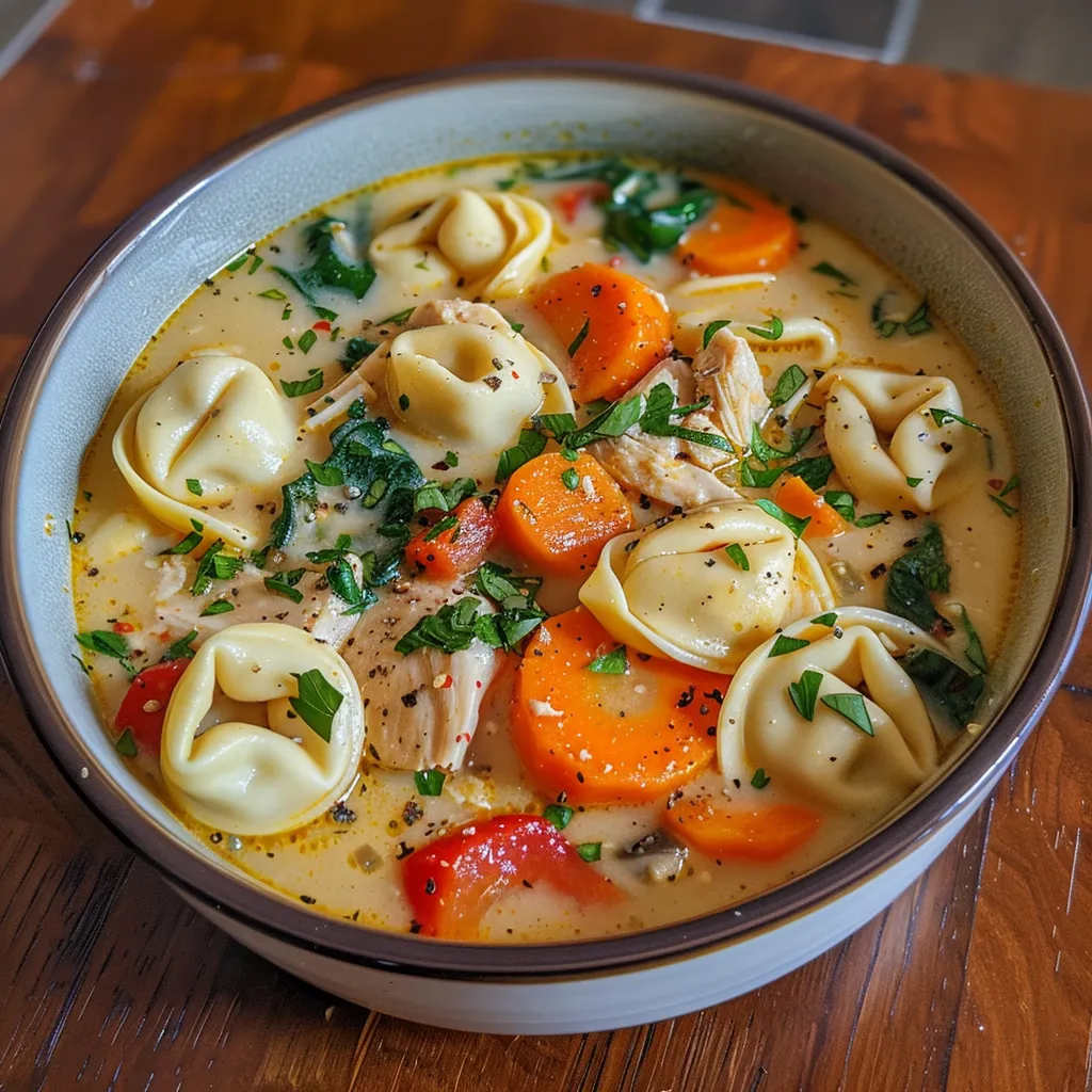 A hearty serving of Chicken Tortellini Soup featuring chicken, colorful vegetables, and creamy broth.