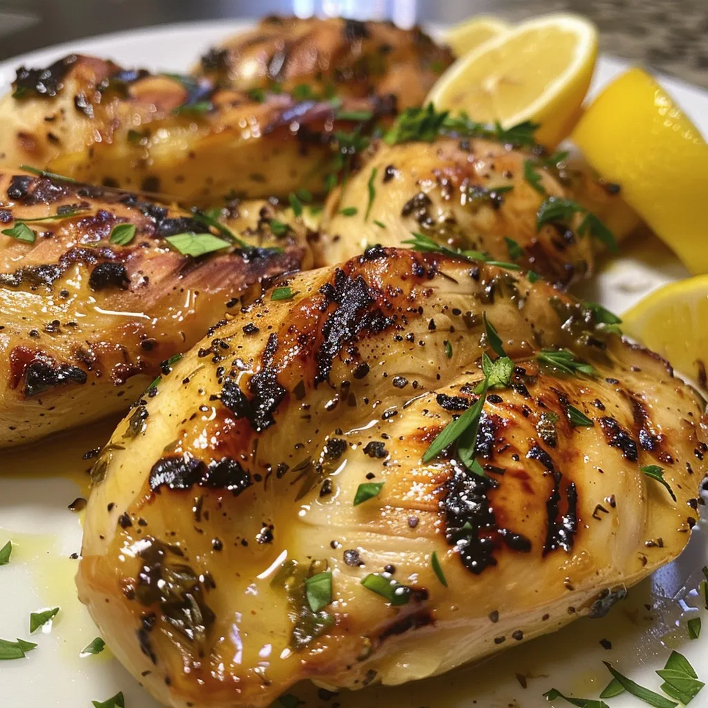 Close-up of grilled chicken breasts garnished with lemon and thyme.