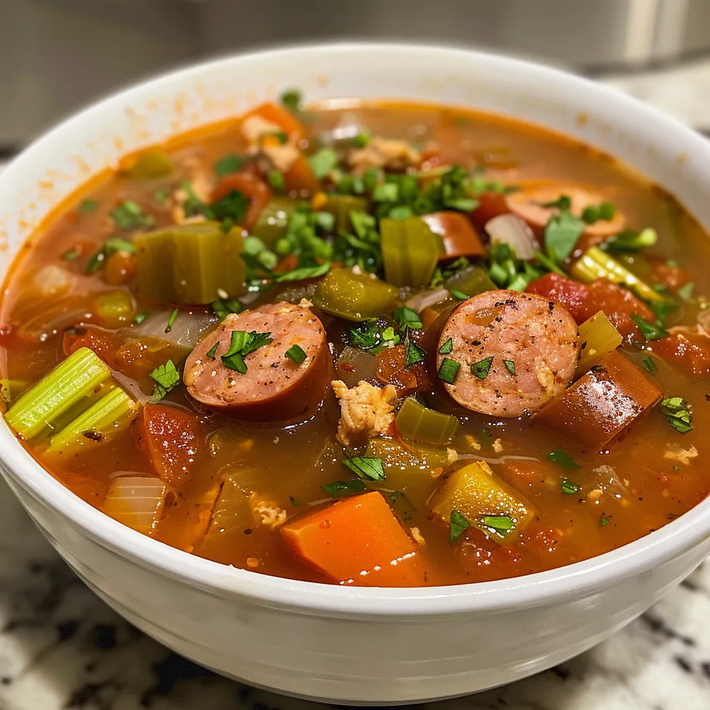 Close-up view of Chicken Sausage Gumbo Soup in a bowl, showcasing vibrant vegetables and sausage pieces.