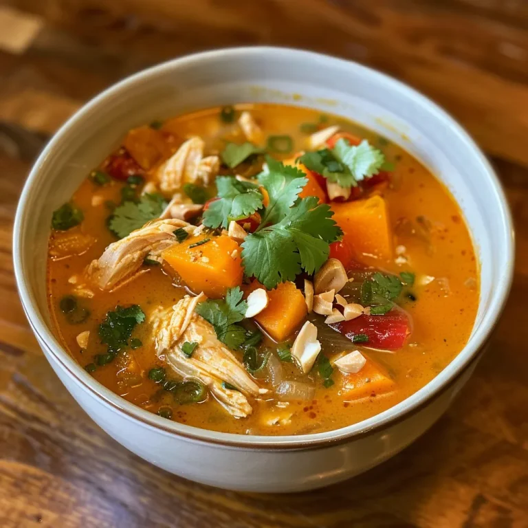 Close-up view of a bowl of Slow Cooker Thai Chicken and Butternut Soup with vibrant colors.