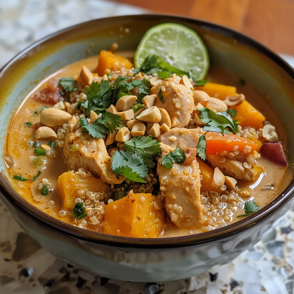 Side view of a steaming bowl filled with Thai Chicken and Butternut Soup, garnished with cilantro.