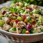 Close-up view of a vibrant, healthy chicken salad with colorful ingredients.