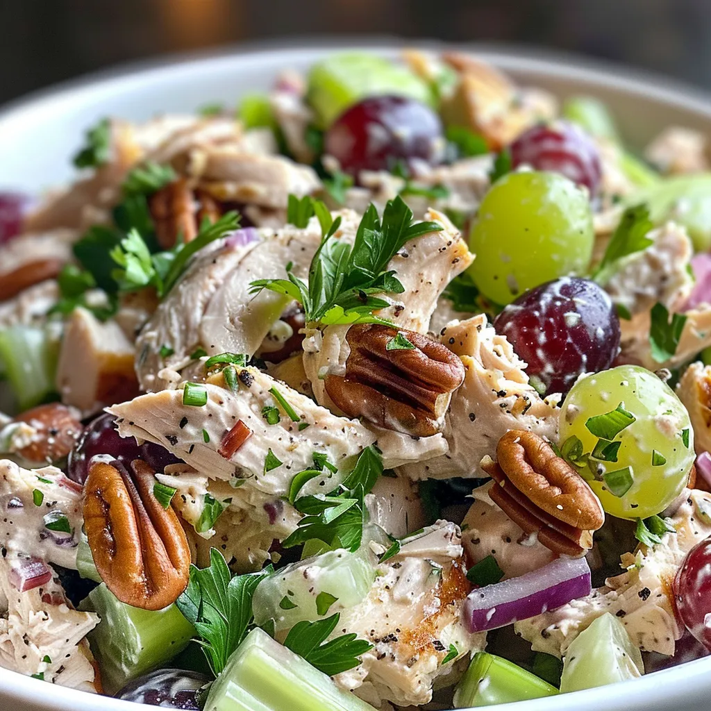 Side angle of fresh chicken salad featuring grapes, celery, and nuts.