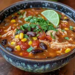 Close-up view of a bowl of Easy Chicken Taco Soup with colorful ingredients.