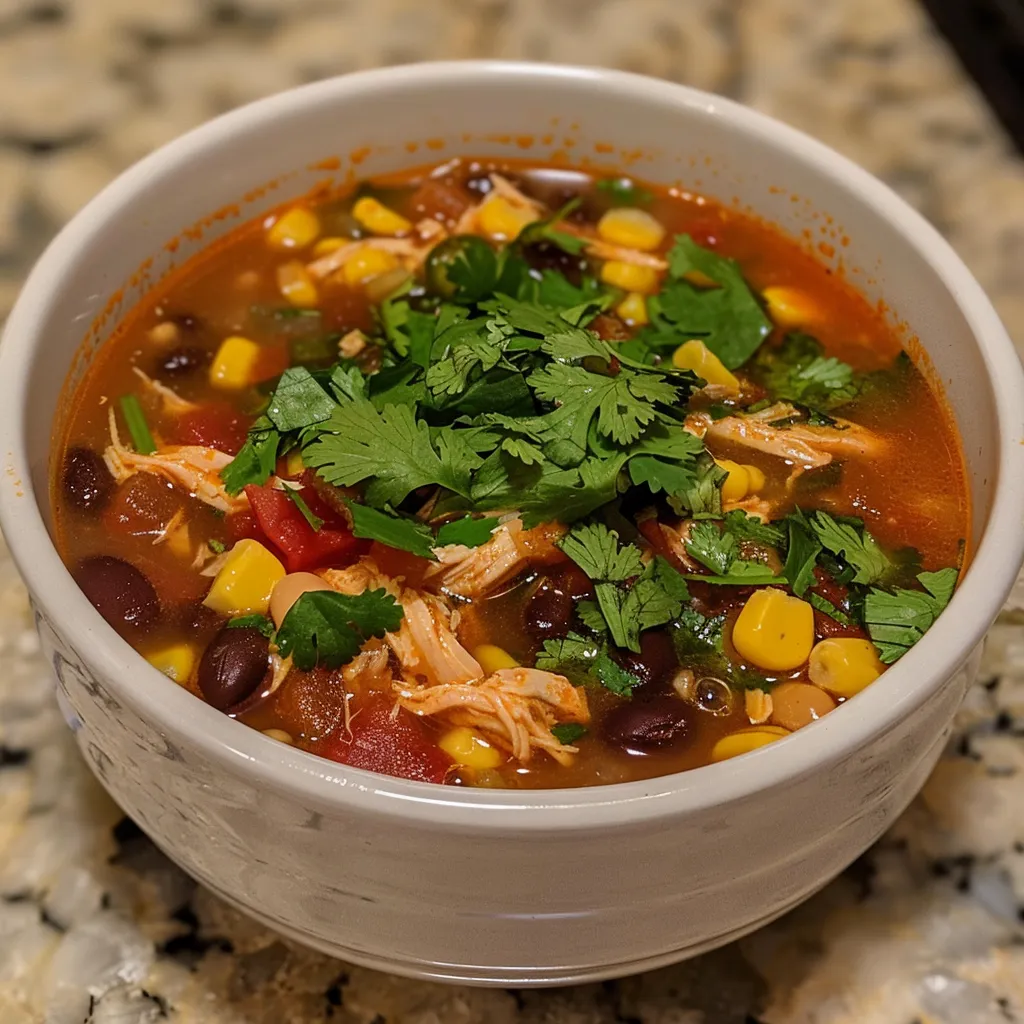 Appetizing Easy Chicken Taco Soup displayed in a bowl, showcasing shredded chicken and vegetables.