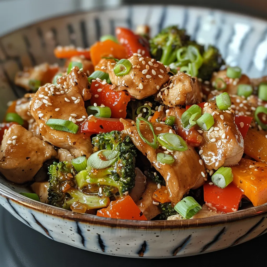 Close-up view of a vibrant chicken stir fry with colorful vegetables.