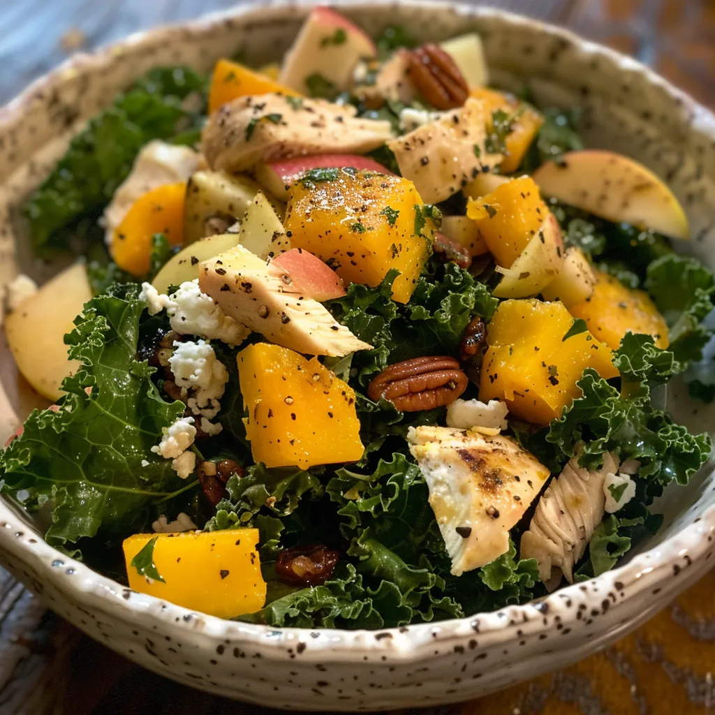 Close-up of a vibrant Fall Kale Salad with Chicken featuring colorful butternut squash and apple slices.