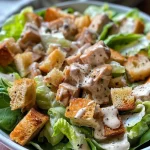 Close-up view of a Vegan Chicken Caesar Salad with chopped romaine, vegan chicken pieces, and croutons.
