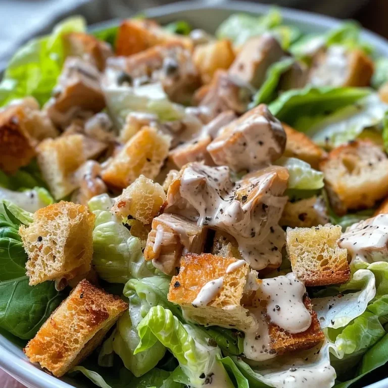 Close-up view of a Vegan Chicken Caesar Salad with chopped romaine, vegan chicken pieces, and croutons.