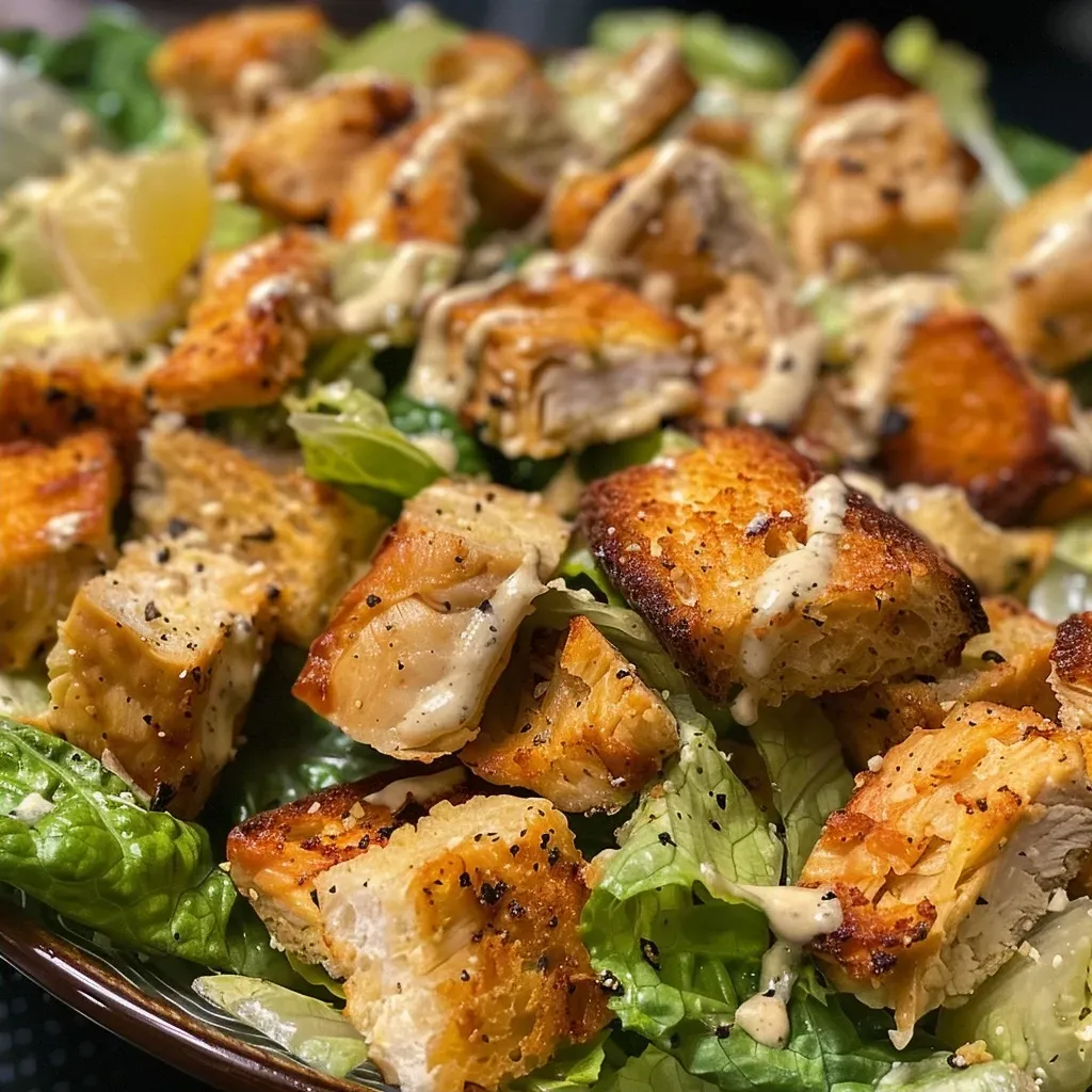 Side view of a vibrant Vegan Chicken Caesar Salad featuring crispy romaine, vegan chicken, and a creamy dressing.