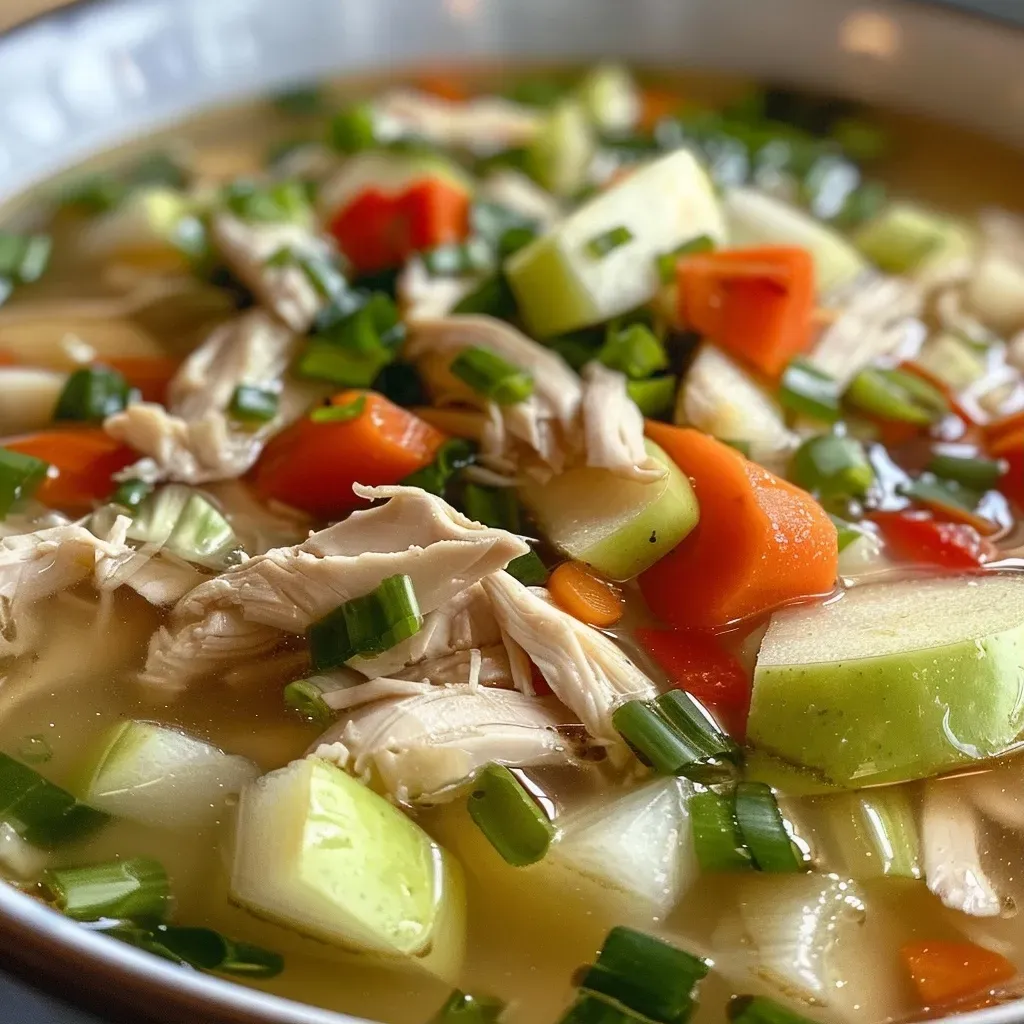 Close-up shot of a bowl of Zero-Liquid Chinese Chicken Soup with colorful ingredients.
