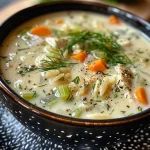 Close-up view of a bowl of Avgolemono soup with chicken and lemon.