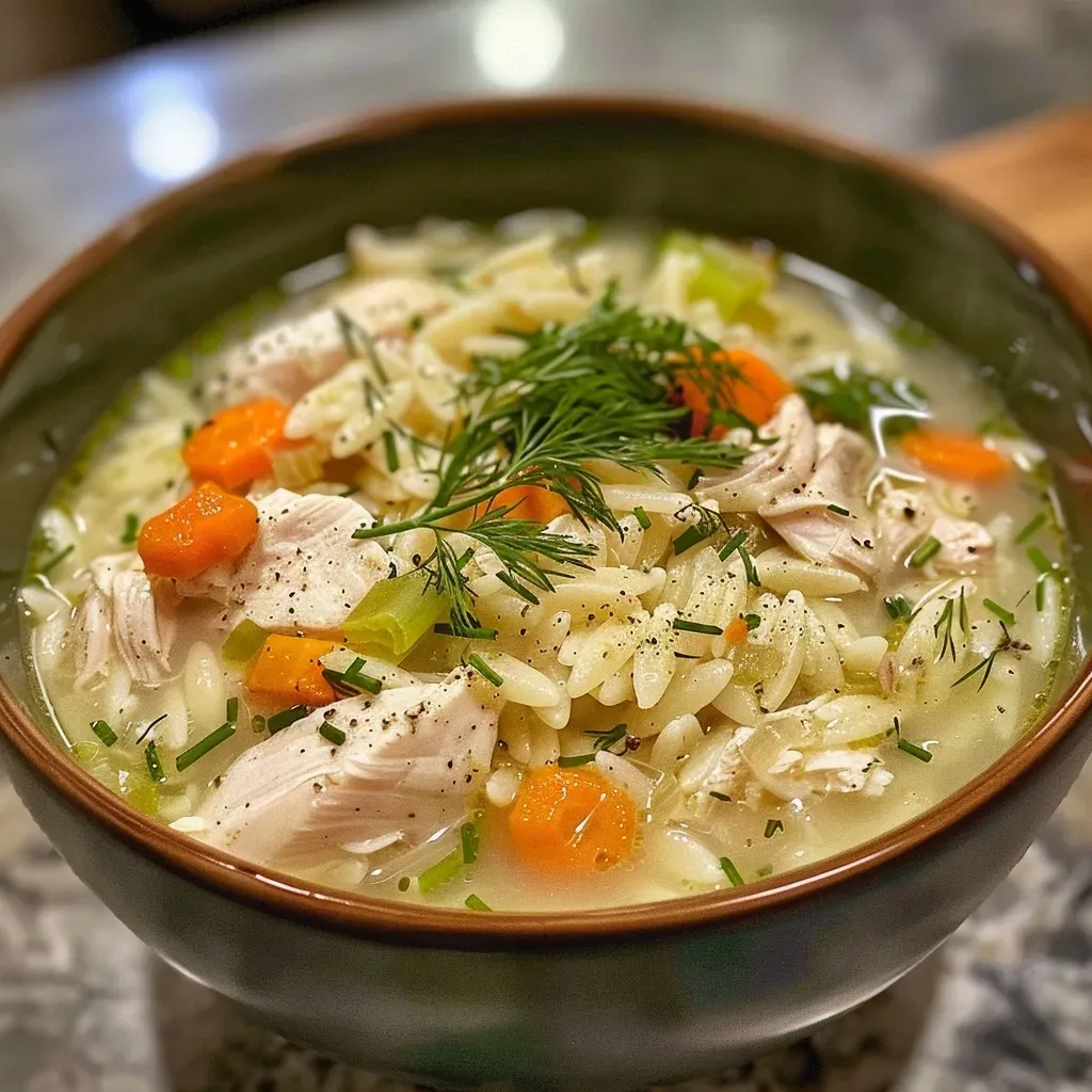 A side view of a steaming bowl of Greek Avgolemono soup filled with orzo and herbs.
