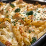 Close-up view of a creamy Chicken Alfredo Bake garnished with fresh parsley.