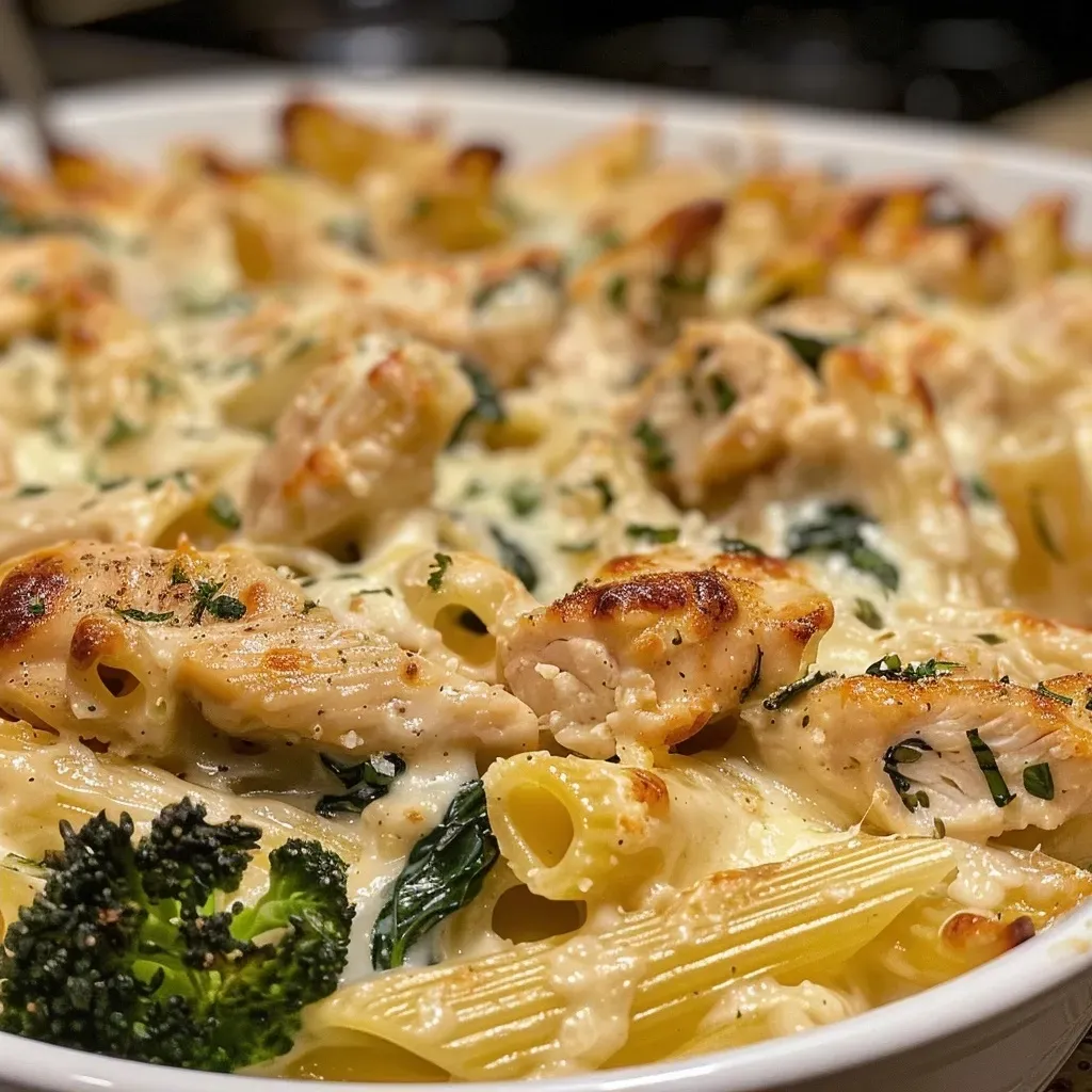 Side view of a baked pasta dish featuring chicken and broccoli, with melted cheese on top.