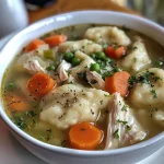 A close-up view of a bowl of Chicken and Dumpling Soup, featuring tender chicken and fluffy dumplings.