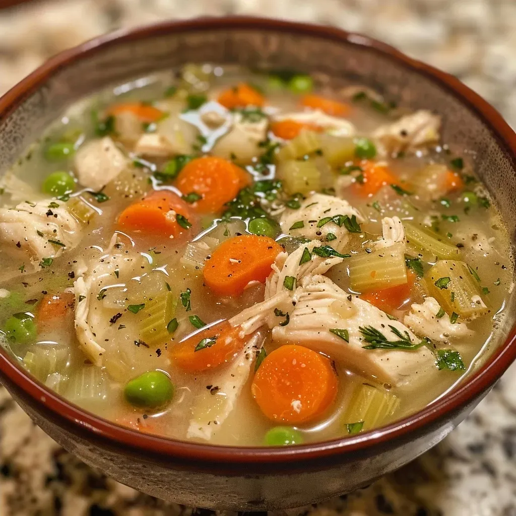 Side view of Chicken and Dumpling Soup in a bowl, showcasing vegetables and herbs in a creamy broth.