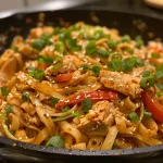 A close-up side view of a vibrant Chicken Noodle Stir Fry featuring colorful vegetables and chicken.