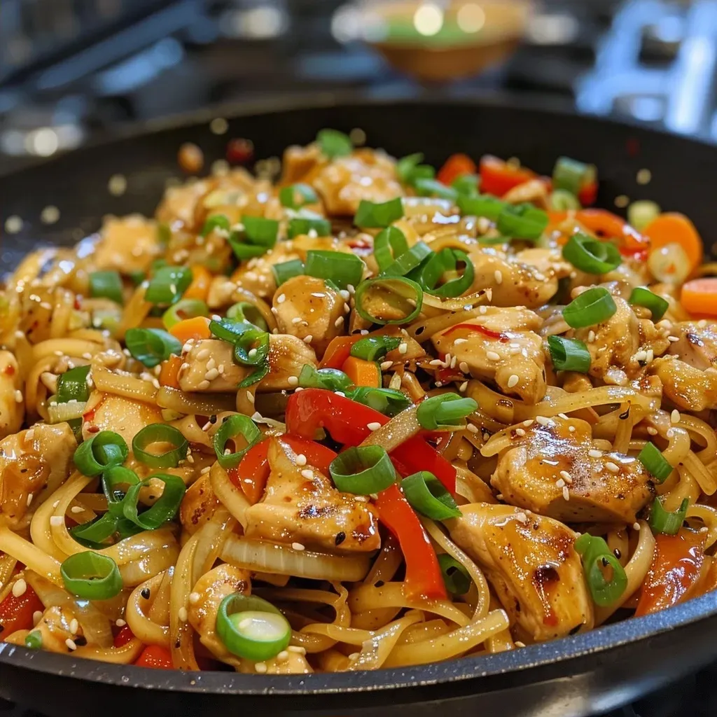 Juicy Chicken Noodle Stir Fry with sliced chicken, red peppers, and green onions in a bowl.