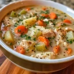 Close-up view of Chicken Pot Pie Soup with visible chicken, vegetables, and creamy broth.