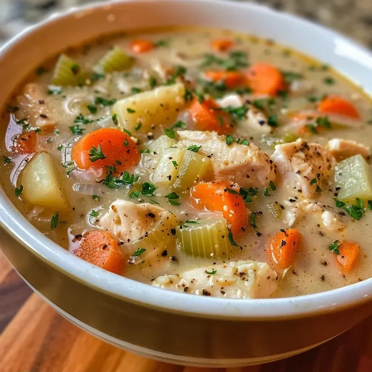 The Cozy Chicken Pot Pie Soup That Warms the Heart Close-up view of Chicken Pot Pie Soup with visible chicken, vegetables, and creamy broth.