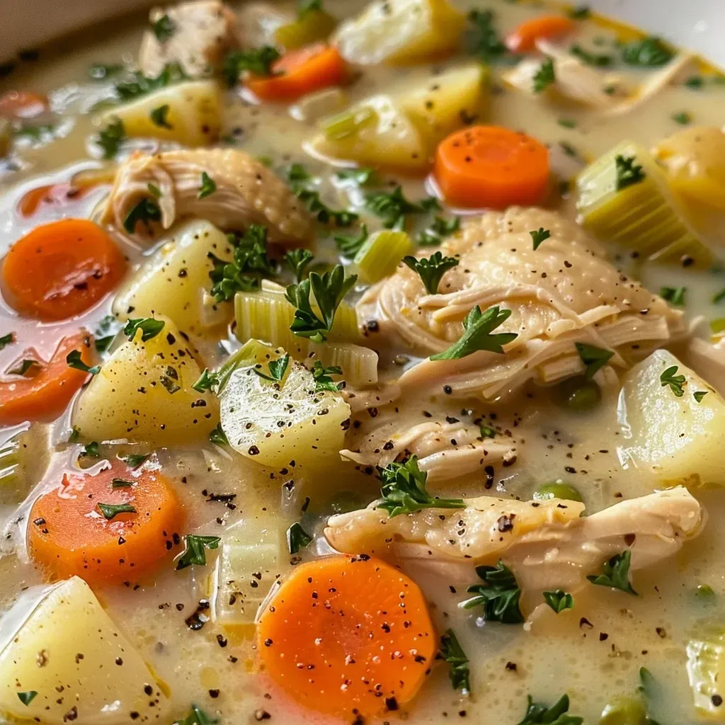 A bowl of Chicken Pot Pie Soup with diced chicken, carrots, and potatoes, garnished with parsley.