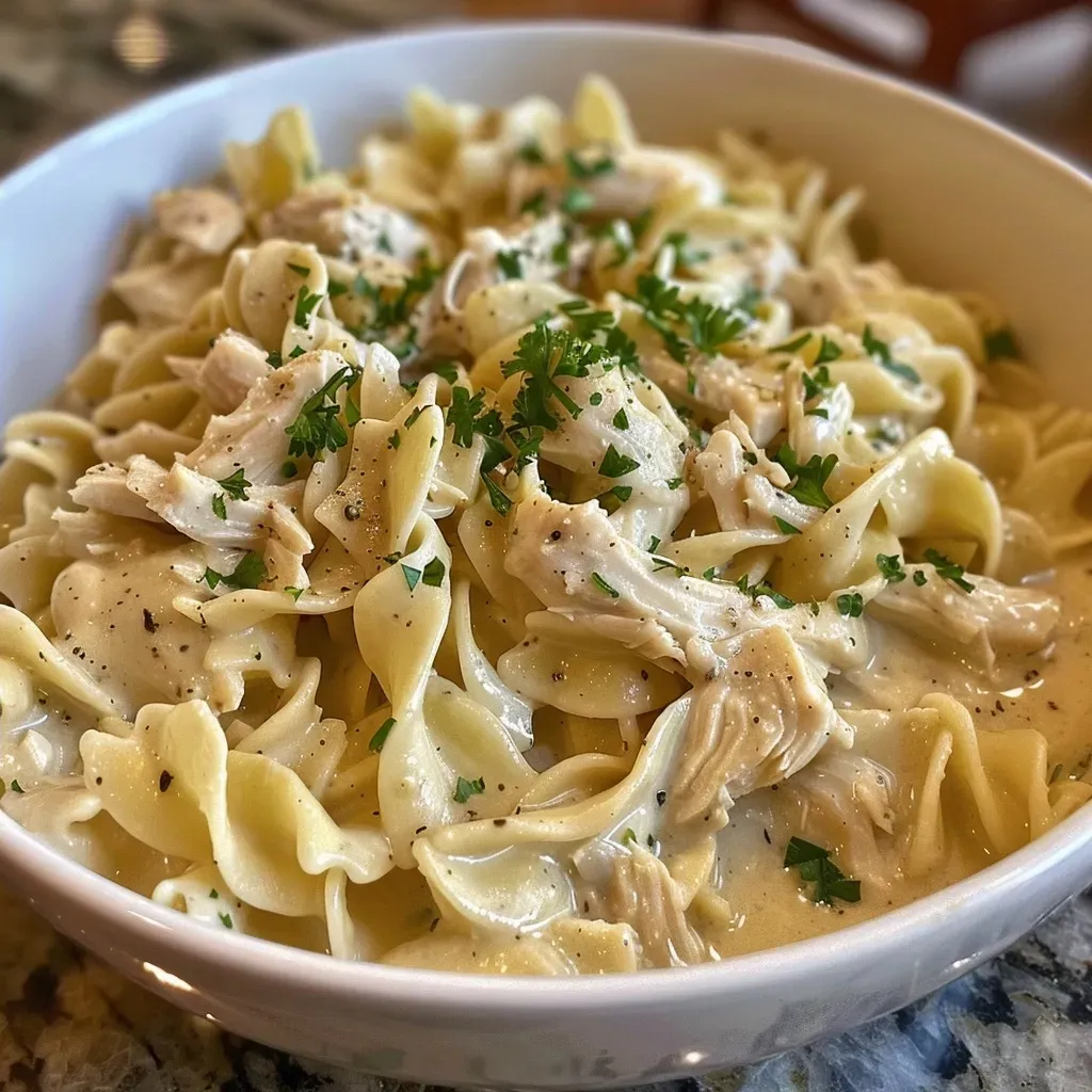 Side view of a bowl filled with creamy chicken and noodles, garnished with parsley.