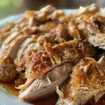 Close-up view of juicy, cooked chicken breast in a crockpot.