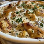 Close-up view of a baked chicken dish with stuffing and creamy sauce.