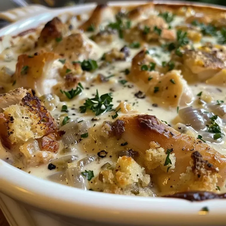 A Heartwarming Chicken and Stuffing Bake That Feels Like Home Close-up view of a baked chicken dish with stuffing and creamy sauce.