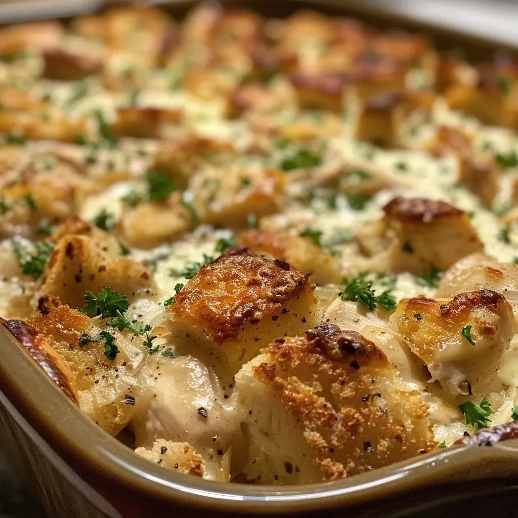 Juicy chicken and stuffing bake, showcasing golden-brown top and creamy texture.