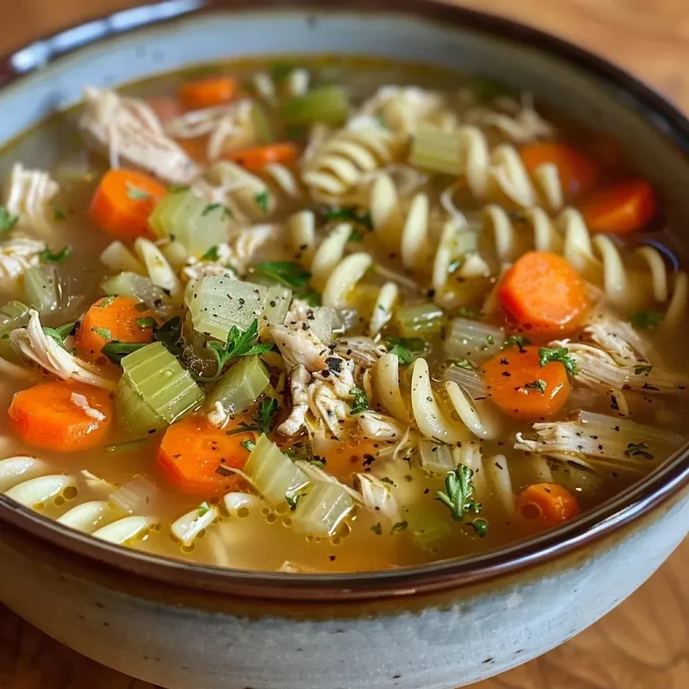 A close-up view of a bowl of gluten-free chicken noodle soup with vegetables and noodles.