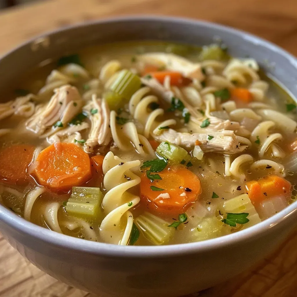 Side angle of gluten-free chicken noodle soup showcasing diced chicken and vibrant vegetables.