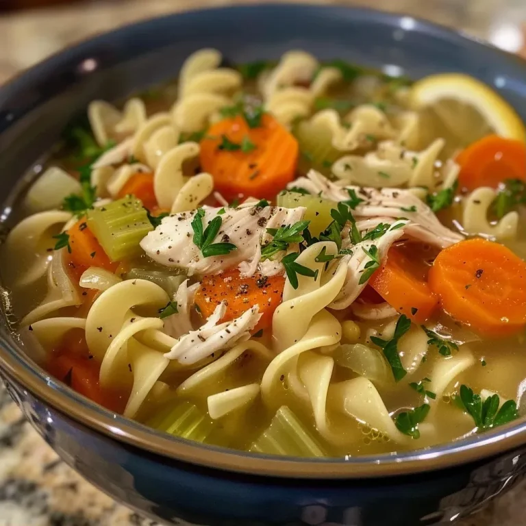 Close-up view of a bowl of Healing Chicken Noodle Soup topped with fresh parsley.