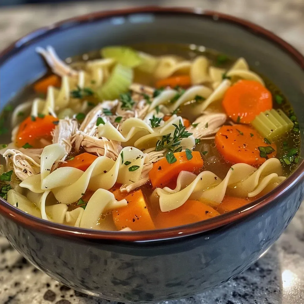 Side view of a steaming bowl of homemade chicken noodle soup with visible carrots and noodles.