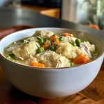 Close-up view of Healthified Crock Pot Chicken & Dumplings with visible chicken and vegetables.