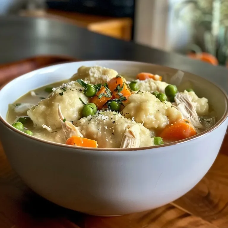 Warm Your Heart with Healthified Chicken & Dumplings: A Cozy Classic Reimagined Close-up view of Healthified Crock Pot Chicken & Dumplings with visible chicken and vegetables.