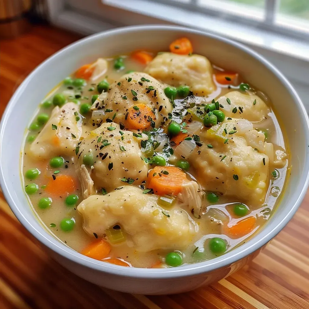 Juicy Chicken & Dumplings in a bowl, showcasing peas, carrots, and herbs.