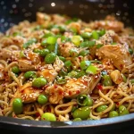 Juicy sticky garlic chicken noodles with edamame and green onions in a close-up view.
