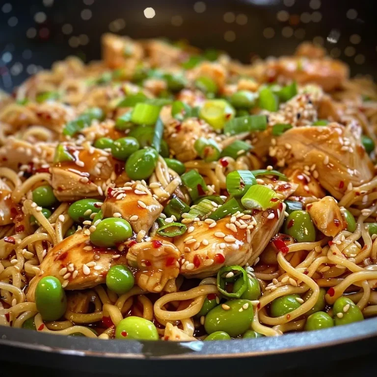 Juicy sticky garlic chicken noodles with edamame and green onions in a close-up view.