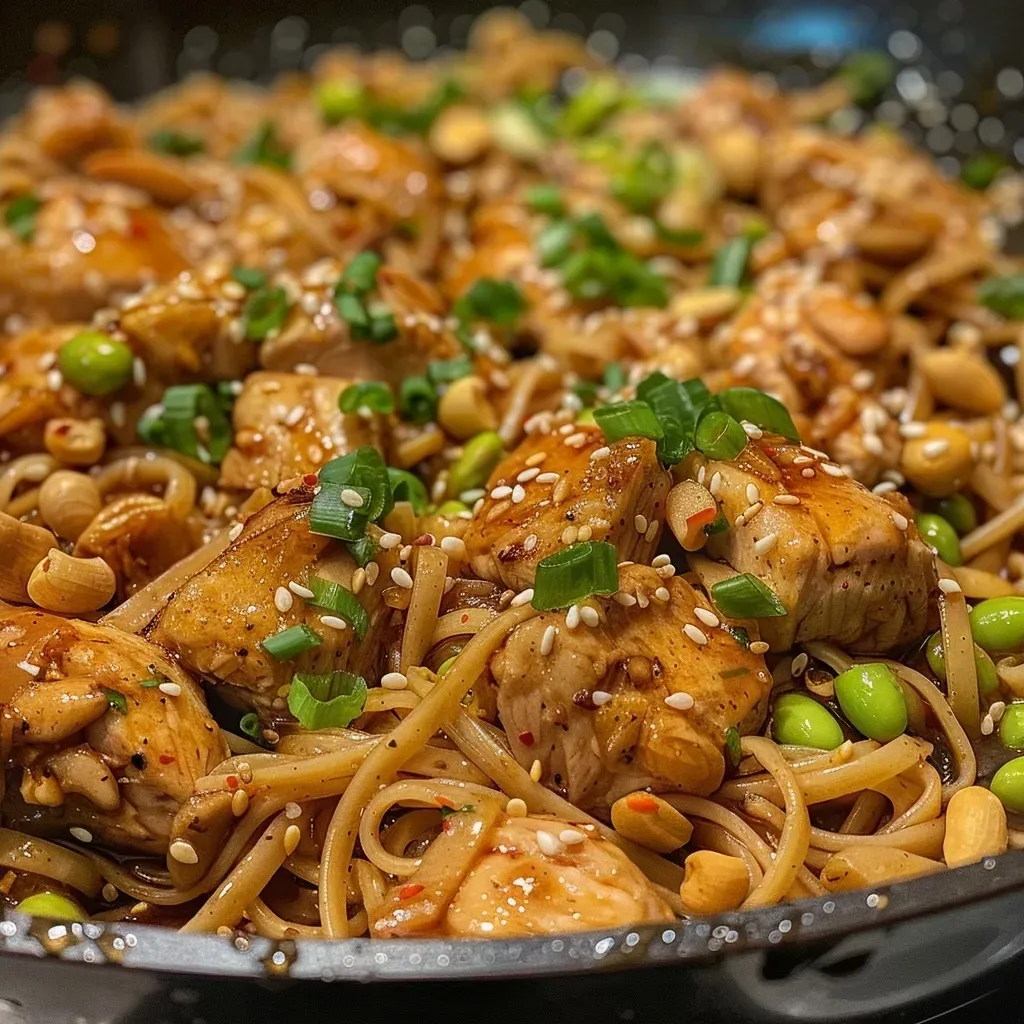 A side view of high-protein sticky garlic chicken noodles, showcasing chicken pieces and sesame seeds.