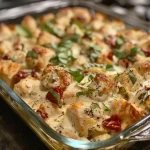 Close-up view of a Marry Me Chicken Casserole with golden-brown chicken and creamy sauce, garnished with fresh basil.