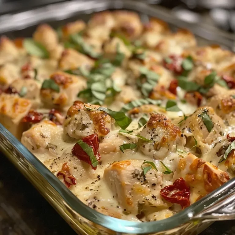 The Heartwarming Casserole That Makes Love at First Bite Close-up view of a Marry Me Chicken Casserole with golden-brown chicken and creamy sauce, garnished with fresh basil.