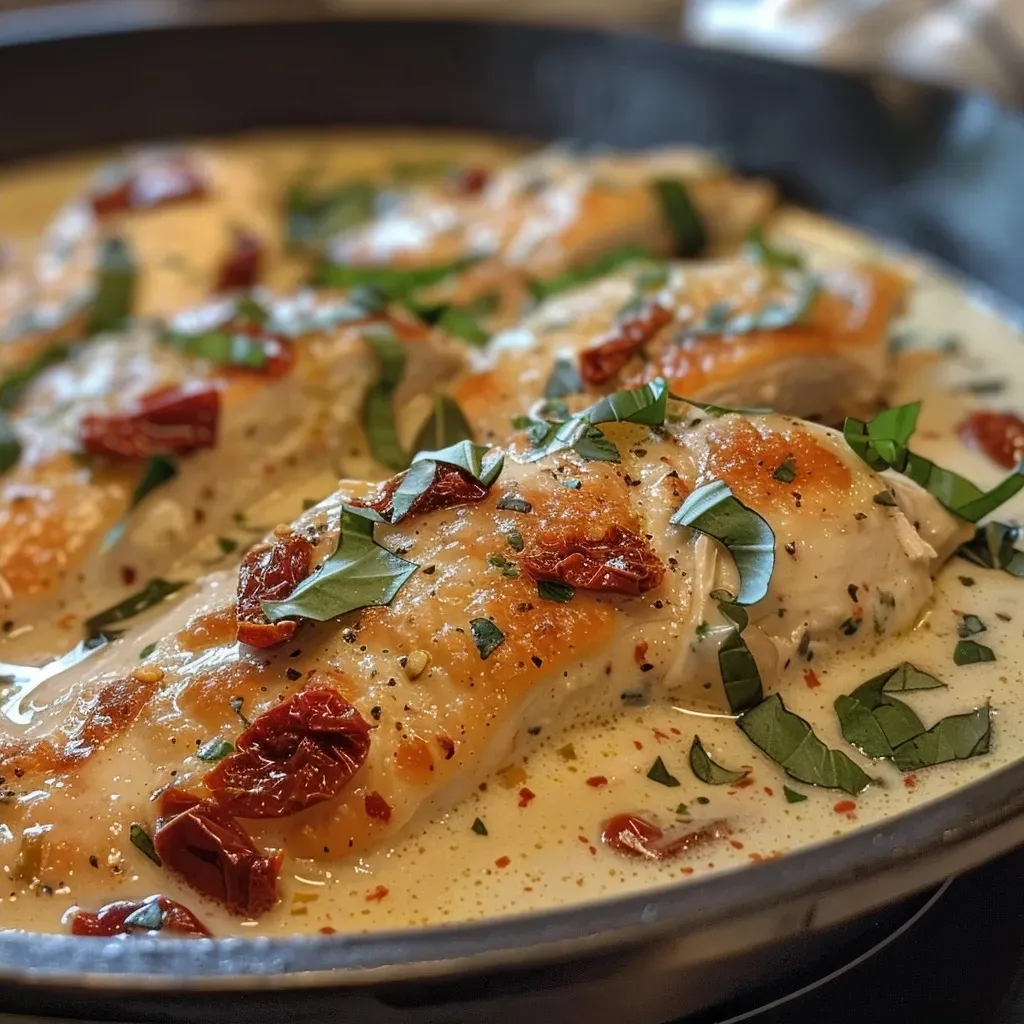 Side angle of a delicious Marry Me Chicken Casserole featuring chicken pieces, sun-dried tomatoes, and a creamy texture.