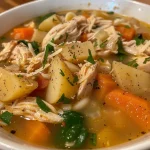 Close-up view of a bowl of Marry Me Chicken Soup, highlighting juicy chicken and fresh spinach.