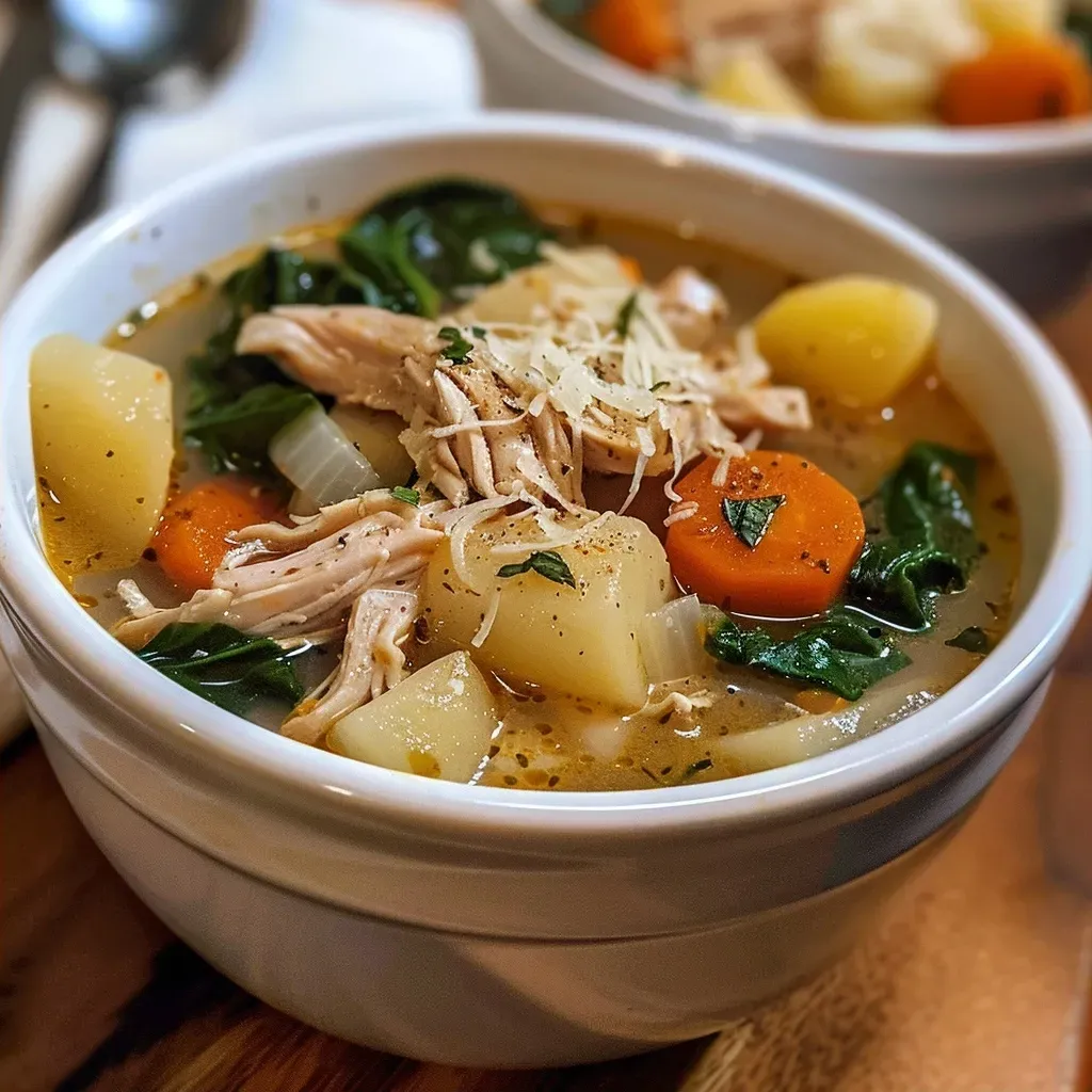 Side angle of Marry Me Chicken Soup, showcasing tender chicken and vibrant vegetables in broth.