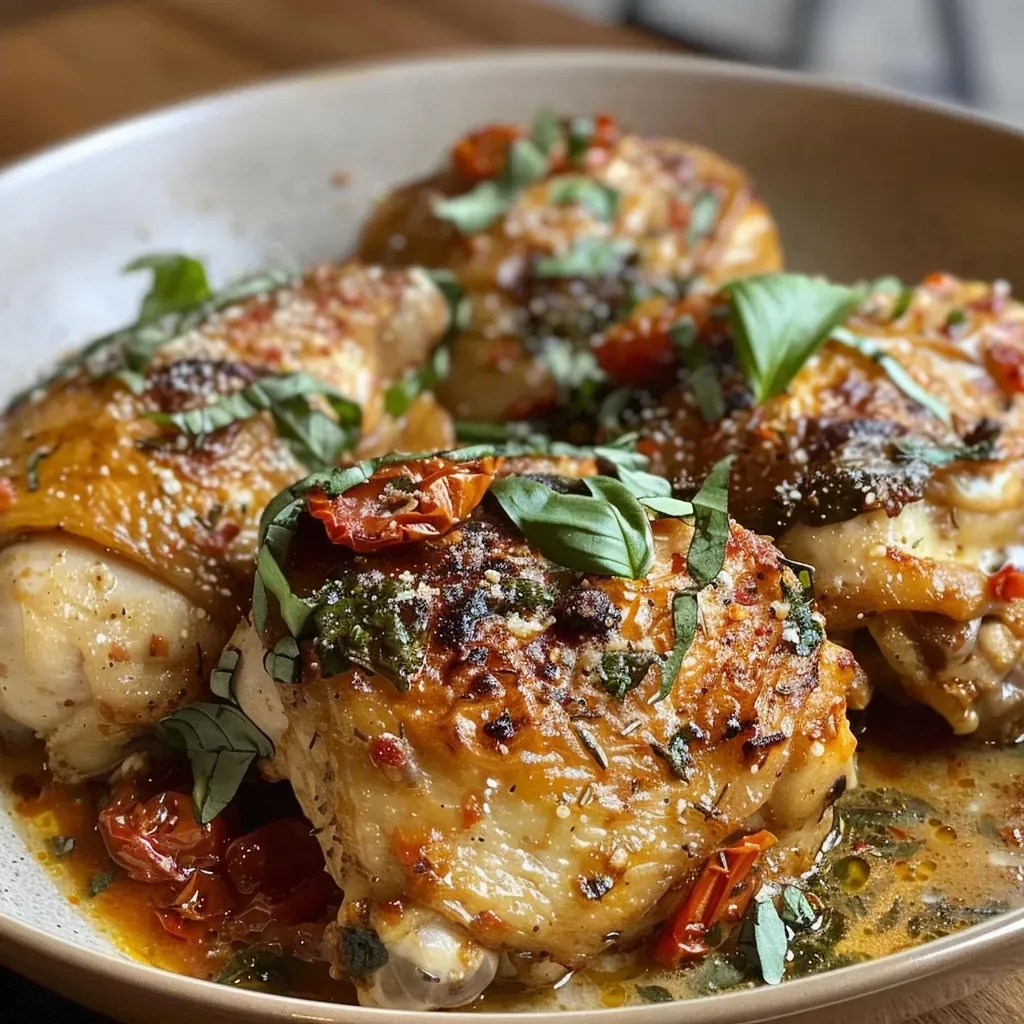 Juicy Marry Me Chicken in a rustic dish, garnished with fresh basil and sun-dried tomatoes, captured in vibrant detail.