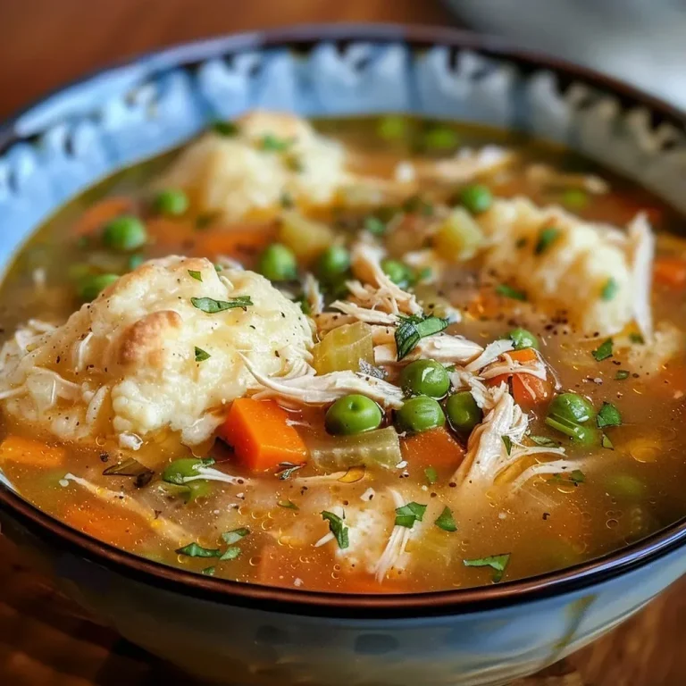 A close-up view of a bowl filled with hearty chicken and dumpling soup, featuring chunks of shredded chicken and colorful vegetables.