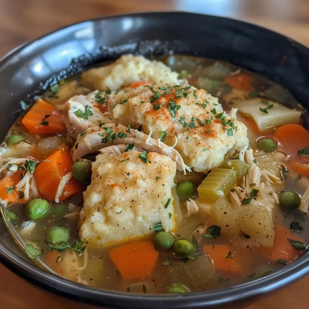 A side view of a steaming bowl of One Pot Chicken and Dumpling Soup, showcasing fluffy dumplings and vibrant mixed vegetables.