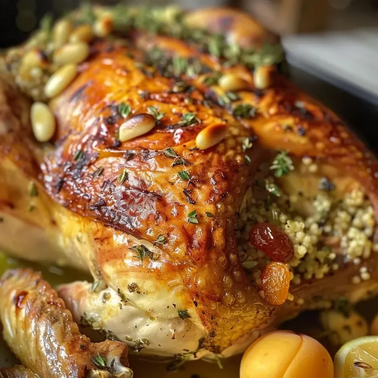 Close-up of a juicy rotisserie chicken featuring apricot and pine nut stuffing.